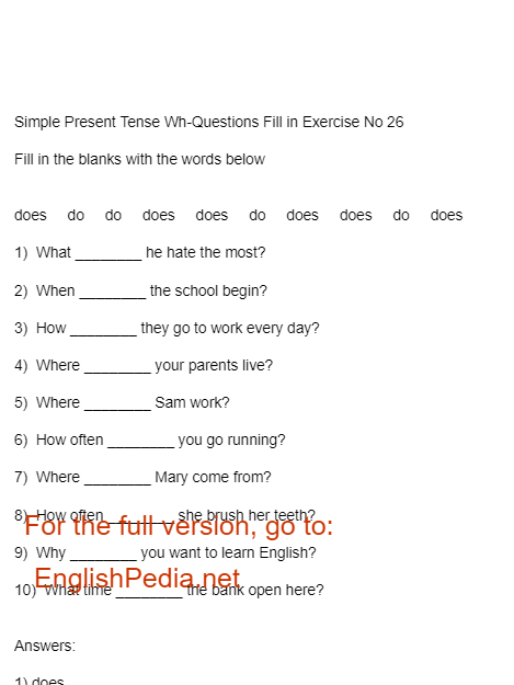 simple present tense wh questions fill in exercise no 26 englishpedia net